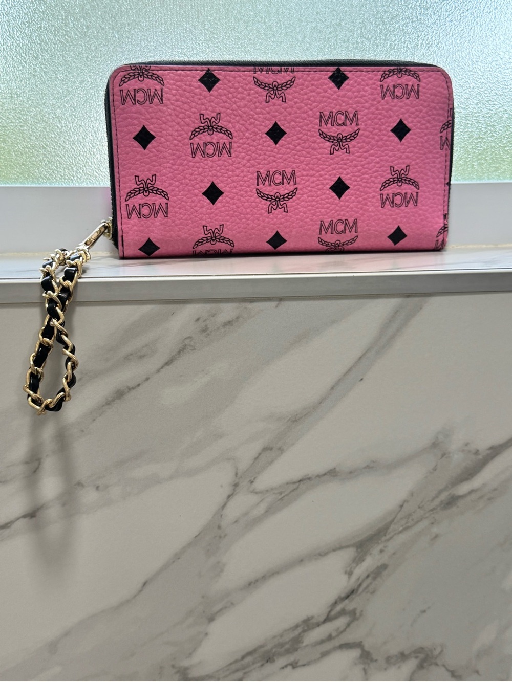 MCM Pink Logo Zip-Around Wallet Wristlet with Chain Strap - Picture 3 of 12